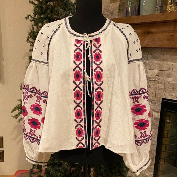 BBWM Woman White Embroidered Boho Peasant Lined Double Tie Front Jacket Size M - Picture 1 of 6